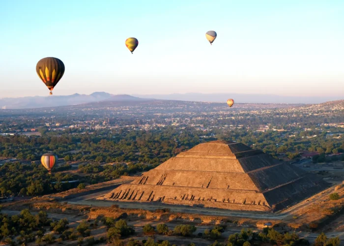 Aerial view of the Pyramid of the Sun and Moon at Teotihuacan, Mexico