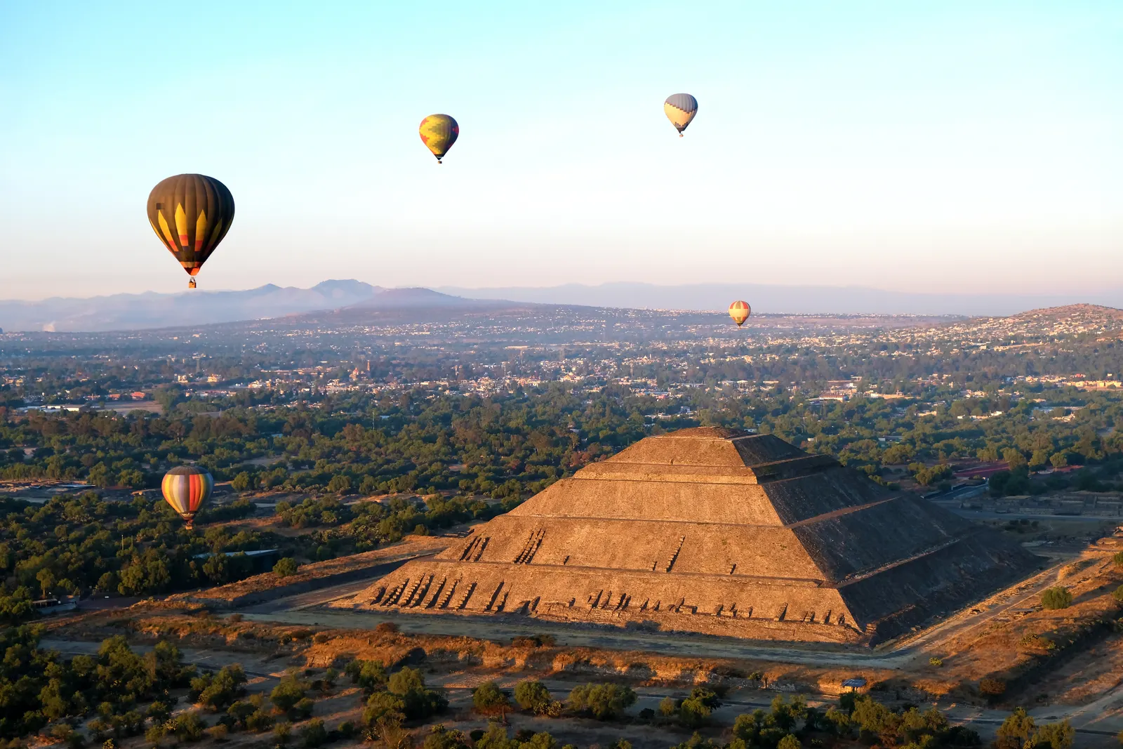 Aerial view of the Pyramid of the Sun and Moon at Teotihuacan, Mexico