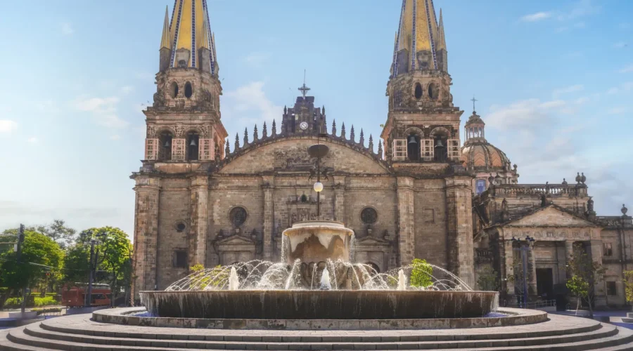 Guadalajara Cathedral and fountain in Plaza Guadalajara, Mexico