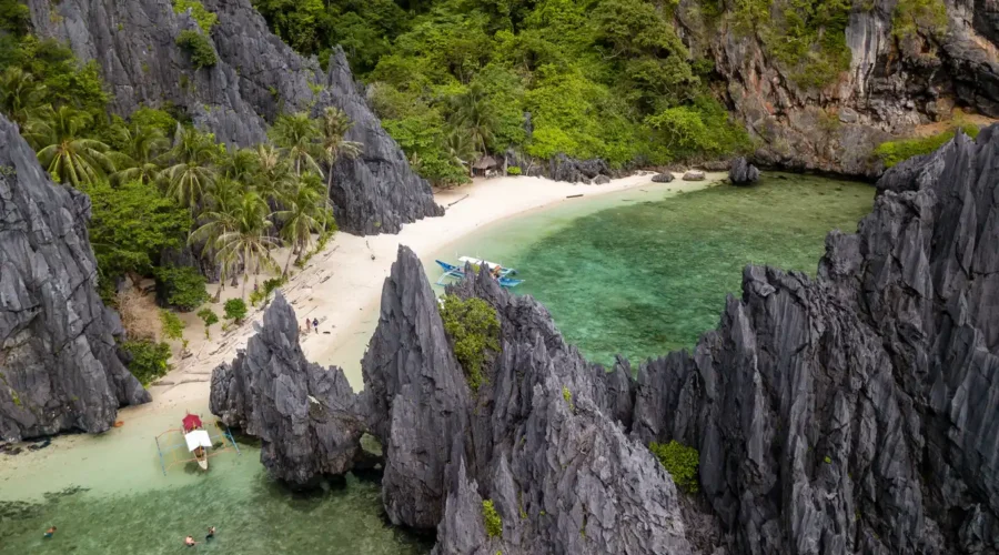 Aerial view of a tropical beach in El Nido, Philippines