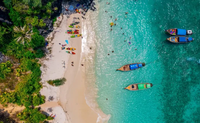Nui beach and long tail boat in Krabi, Thailand