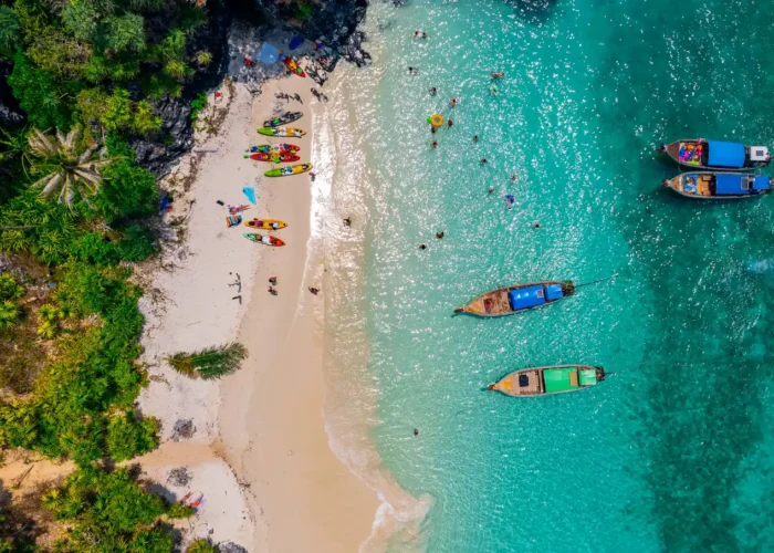 Nui beach and long tail boat in Krabi, Thailand