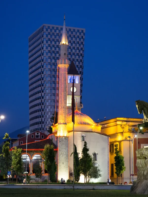 Illuminated Skanderbeg Square at Tirana, Albania