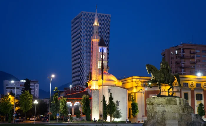 Illuminated Skanderbeg Square at Tirana, Albania
