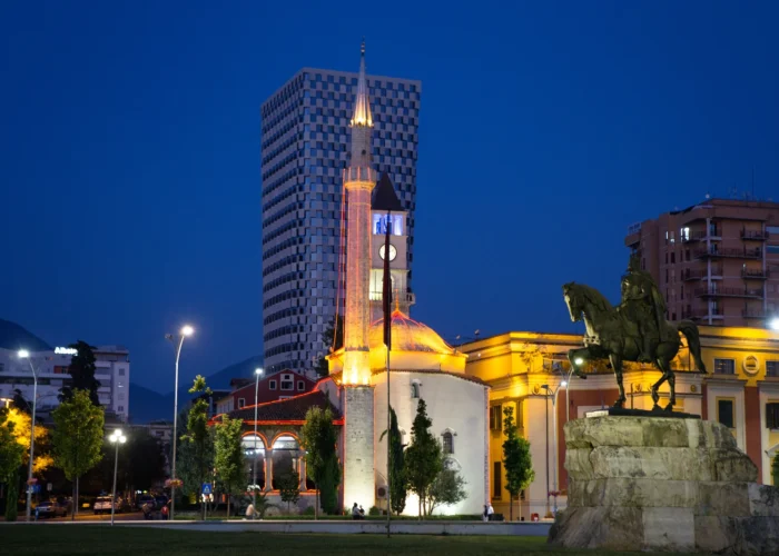 Illuminated Skanderbeg Square at Tirana, Albania