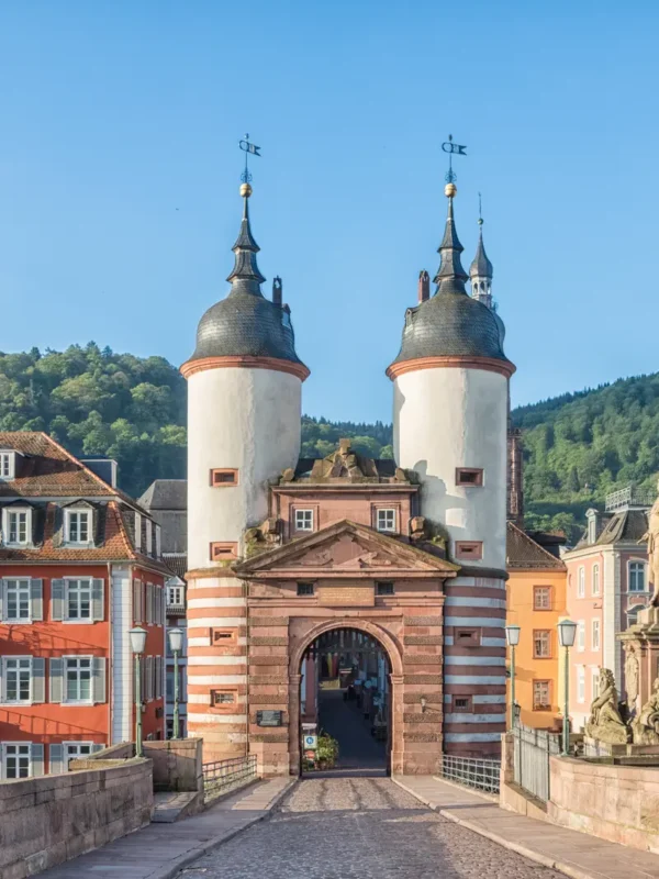 Old Bridge Gate on Karl Theodor Bridge in Heidelberg, Baden-Wurttemberg, Germany.
