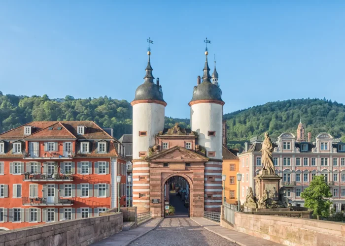 Old Bridge Gate on Karl Theodor Bridge in Heidelberg, Baden-Wurttemberg, Germany.
