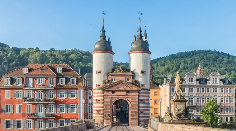 Old Bridge Gate on Karl Theodor Bridge in Heidelberg, Baden-Wurttemberg, Germany.