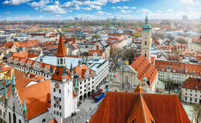 Elevated view of the skyline of Munich, Germany.