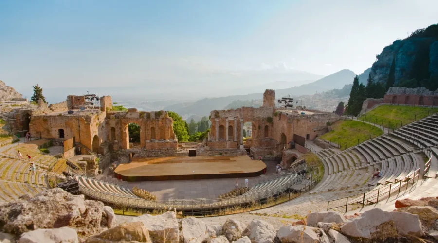 Antique amphitheater Teatro Greco in Taormina, Sicily, Italy