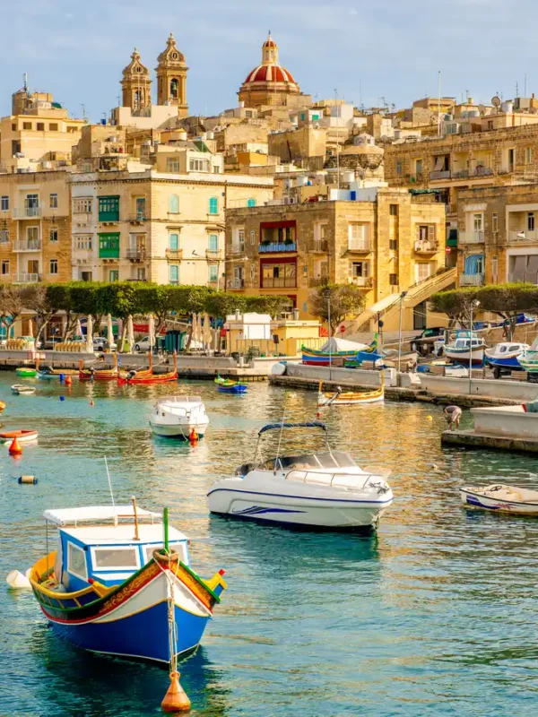 Boats Floating Against Valletta City Background, Malta