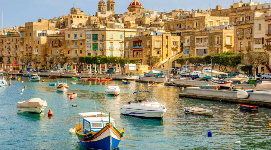 Boats Floating Against Valletta City Background, Malta Boats Floating Against Valletta City Background, Malta