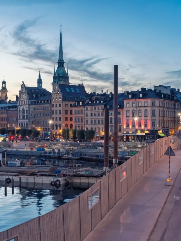 Sunset view over Stockholm bustling city waterfront