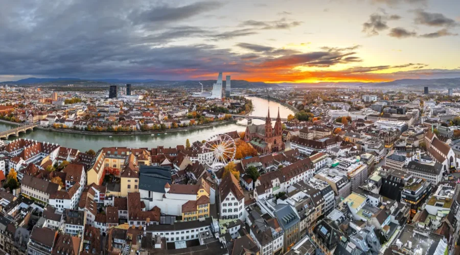 Basel, Switzerland townscape at sunrise