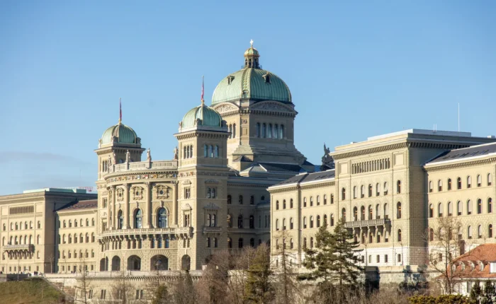 Switzerland, Bern. Federal Palace front view, Swiss government and parliament building