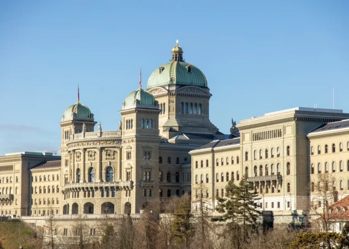 Switzerland, Bern. Federal Palace front view, Swiss government and parliament building