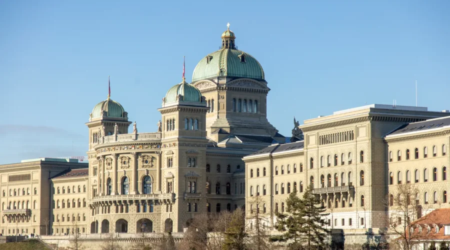 Switzerland, Bern. Federal Palace front view, Swiss government and parliament building Switzerland, Bern. Federal Palace front view, Swiss government and parliament building