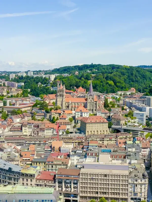 Lausanne, Switzerland. Flight over the central part of the city.
