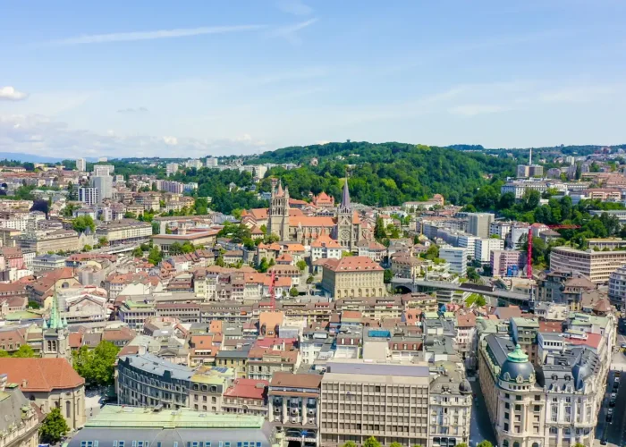 Lausanne, Switzerland. Flight over the central part of the city.
