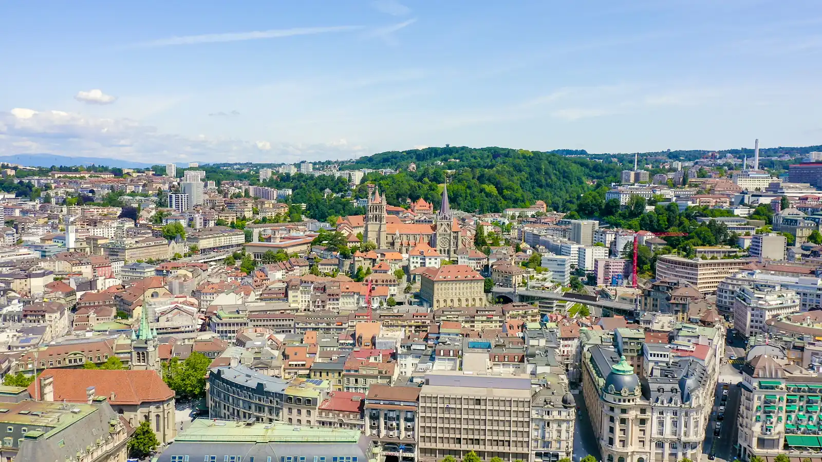 Lausanne, Switzerland. Flight over the central part of the city.