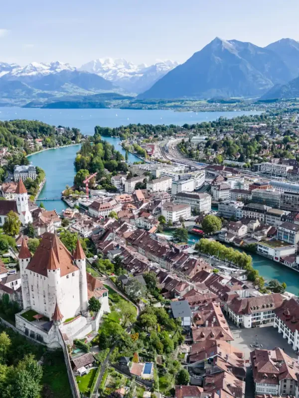 An aerial view of the Thun castle in the city of Thun, Switzerland
