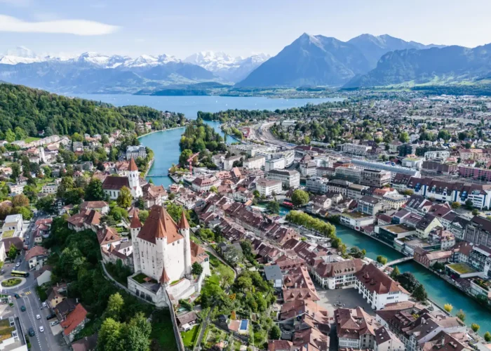 An aerial view of the Thun castle in the city of Thun, Switzerland