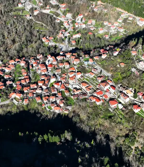 Aerial view of iconic small traditional village of Megalo Chorio, Greece