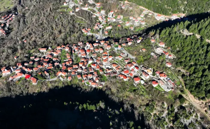 Aerial view of iconic small traditional village of Megalo Chorio, Greece