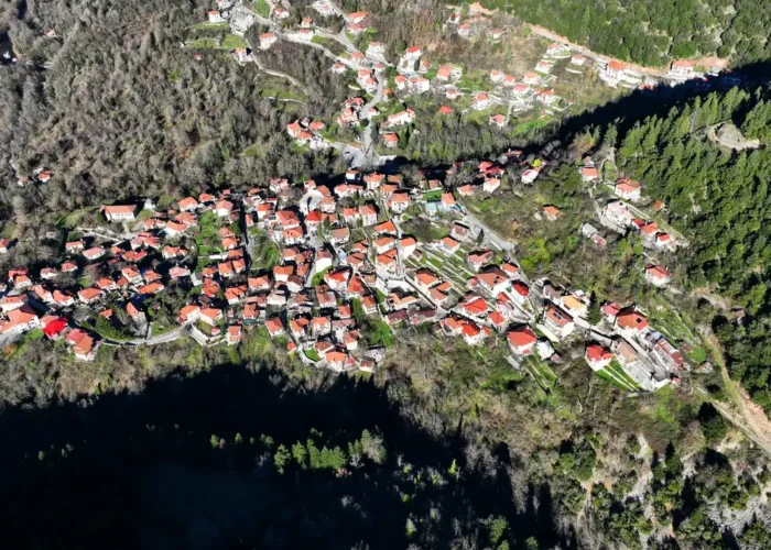 Aerial view of iconic small traditional village of Megalo Chorio, Greece