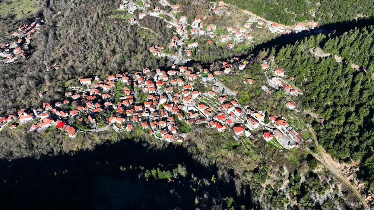 Aerial view of iconic small traditional village of Megalo Chorio, Greece