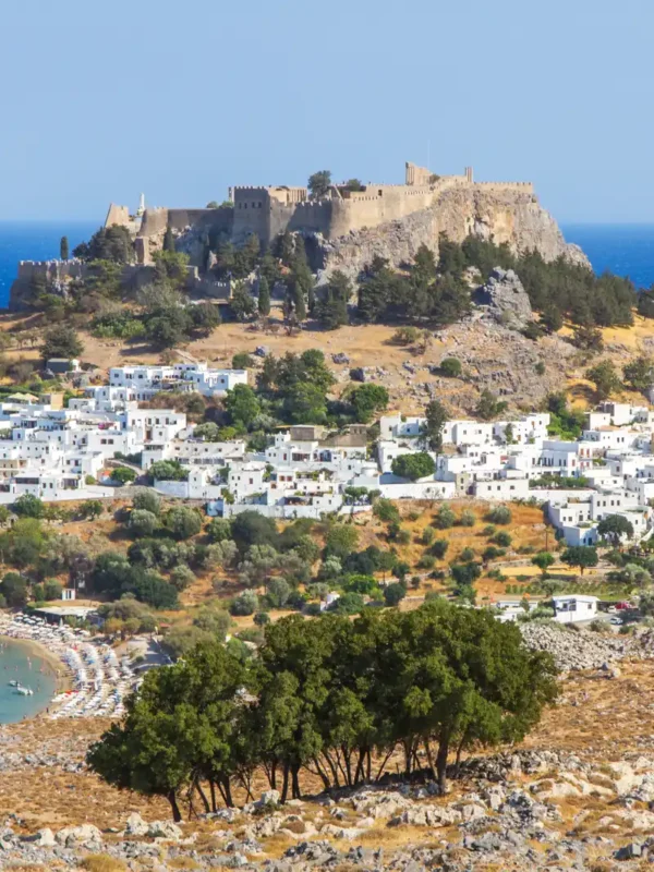 Lindos bay and Acropolis, Rhodes, Greece