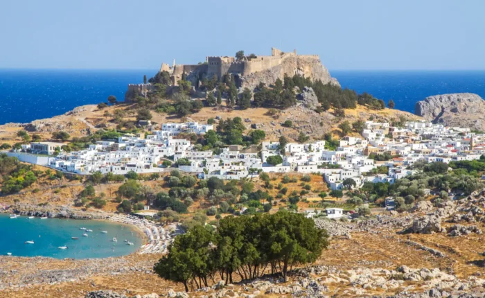 Lindos bay and Acropolis, Rhodes, Greece