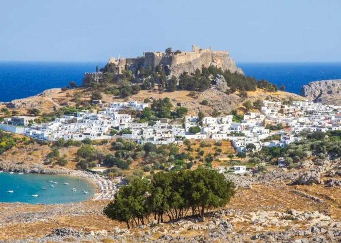 Lindos bay and Acropolis, Rhodes, Greece