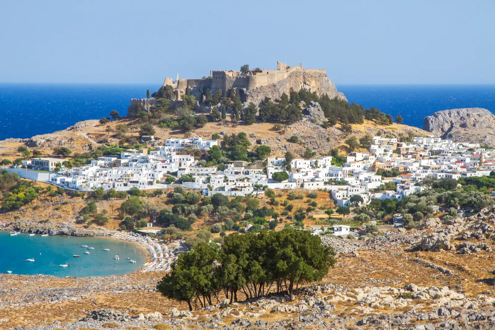 Lindos bay and Acropolis, Rhodes, Greece