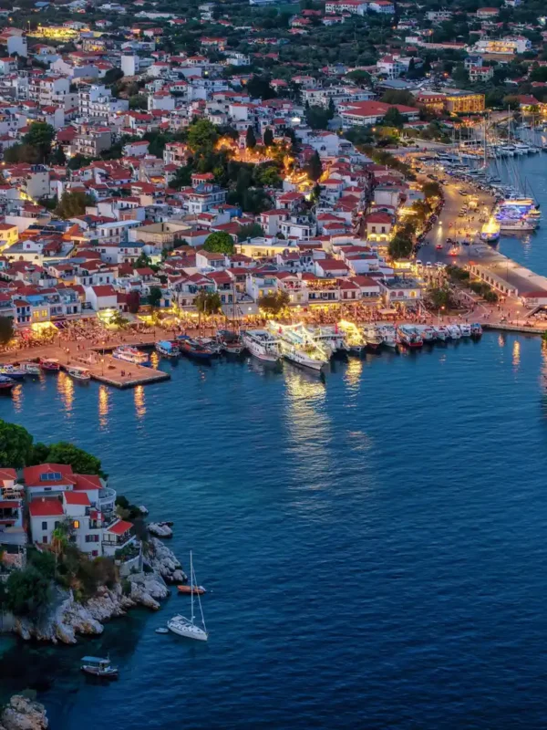 Aerial view of old port at Skiathos town, Greece