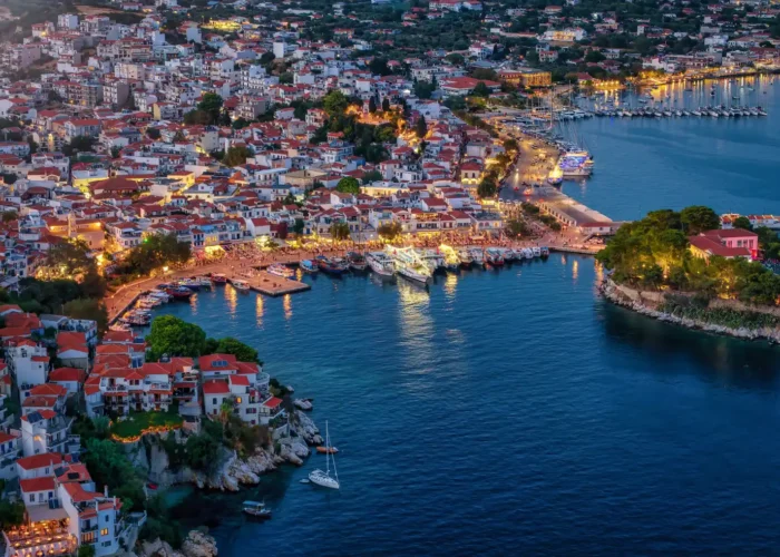 Aerial view of old port at Skiathos town, Greece