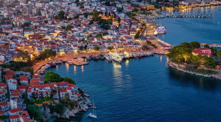 Aerial view of old port at Skiathos town, Greece